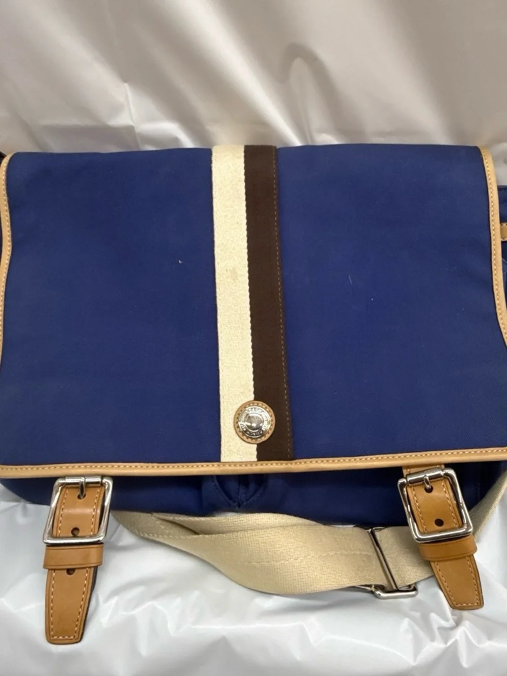Coach Blue Canvas Messenger Bag with Brown and Cream Stripe